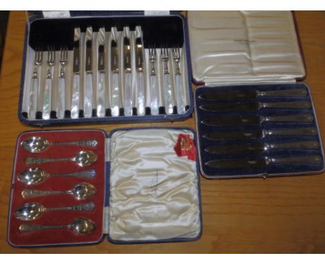 A cased set of six mother-of-pearl handled tea knives &amp; forks together with six 1937 Commemorative coffee spoons and six 