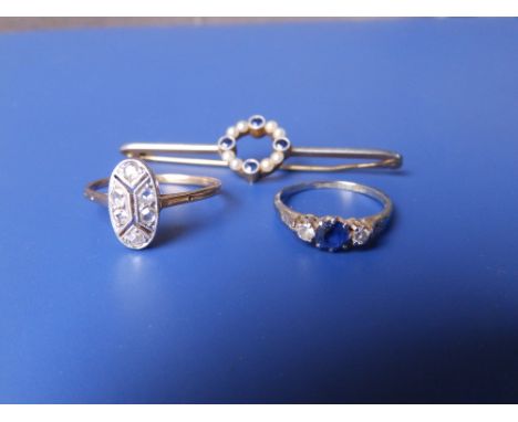An art deco style rose cut diamond ring, a small sapphire &amp; diamond three stone ring and a sapphire &amp; pearl bar brooc