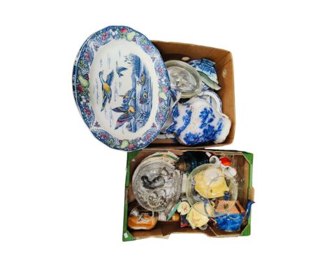 2 BOXES OF EPNS, BLUE &amp; WHITE CHINA, OIL LAMP &amp; ORNAMENTS 