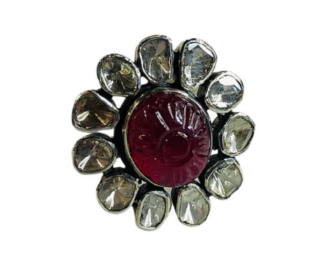 STUNNING CARVED RUBY &amp; OLD CUT DIAMOND RING 