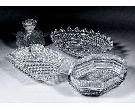 Four pieces of late 18th/early 19th Century cut glass, comprising - oval dish with diamond cutting, 12.25ins x 9ins x 2.75ins