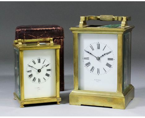 A late 19th/early 20th Century French carriage clock, No. 206, the white enamel dial with Roman numerals and inscribed with r