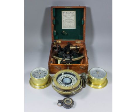 A Kelvin & Hughes "Husun" sextant with 6ins radius, in fitted case, a 20th Century ships compass in gimbal, No. 621W, by Lill