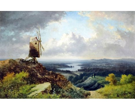 ***Edward John Niemann (1813-1976) - Oil painting - Extensive river landscape with post mill to foreground bank, canvas 20ins