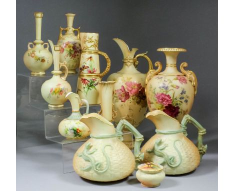 A small collection of late 19th/early 20th Century Royal Worcester "Blush Ivory" bone china, including - a pair of jugs with 