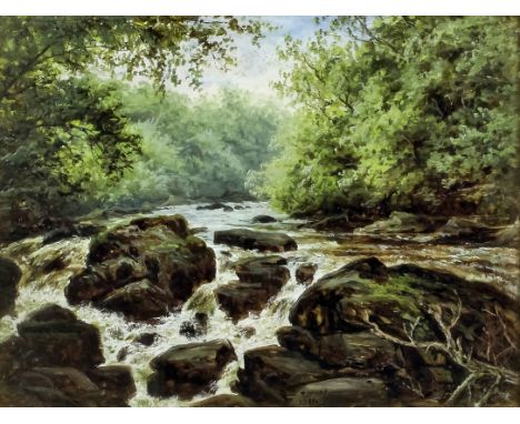 Thomas Spinks (fl. 1872-1910) - Oil painting - Landscape with river cascading over boulders, mahogany panel 9.75ins x 12.75in