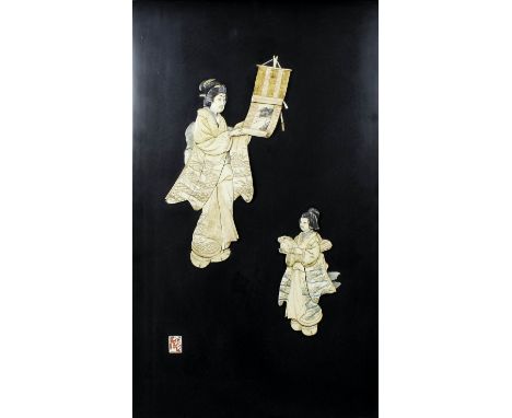 A Japanese lacquer and shibyama panel depicting two standing female figures, one holding a scroll, the other a toad, the deta