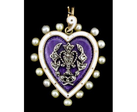 A late 19th Century Continental gold coloured metal enamel pearl and diamond set heart pattern pendant, the centre with mauve