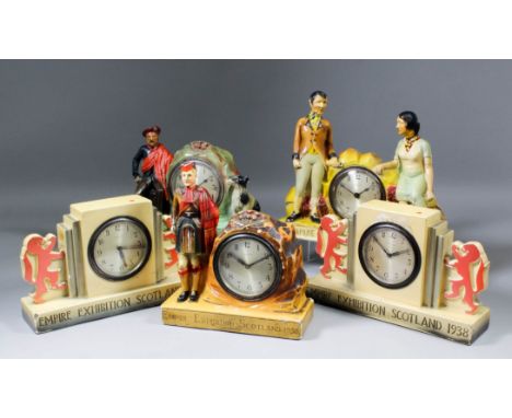 A 1938 Empire exhibition plaster-cased mantel clock, the case modelled as a standing Scotsman wearing traditional dress, the 