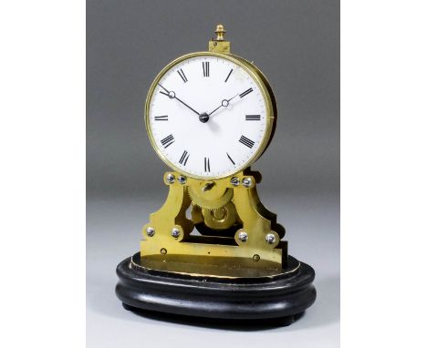 A 19th Century brass framed skeleton style mantel timepiece, the 3.5ins diameter white enamel dial with Roman numerals (damag