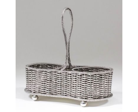 A Victorian silver two-division bottle cruet of basket weave pattern and with rope pattern mounts and loop handle, on four ba