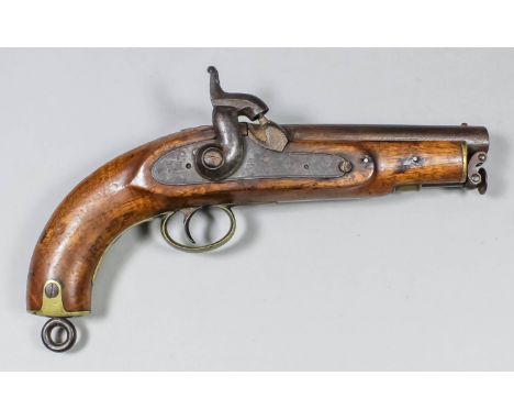 A 19th Century .650 calibre percussion Tower Coastguard's pistol, the 6ins plain steel barrel, plain steel lock, stamped with
