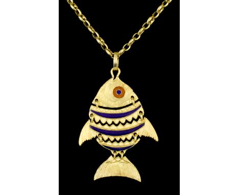 A modern 18ct gold chain link necklace 720mm overall, hung with an 18ct gold and blue enamel articulated fish pattern pendant