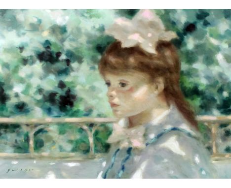 *** Andre Gisson (1928-2003) - Oil painting - "The Day Dreamer" - Shoulder-length portrait of a young girl on a terrace, canv