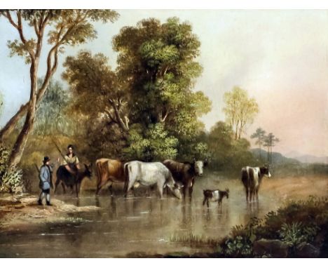 19th Century British school - Oil painting - Cattle drinking at a watering hole while two figures converse, oak panel, 8.25in