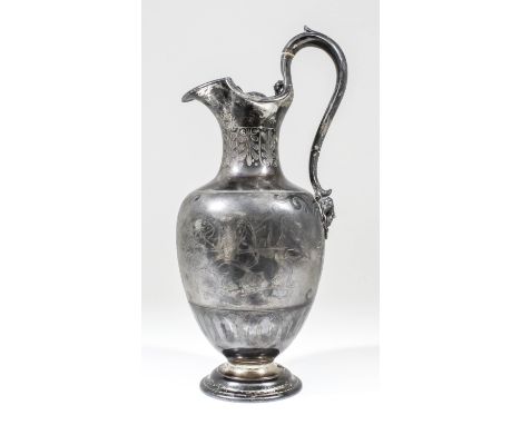 A Victorian silver urn pattern claret jug with moulded rim and high scroll handle with cast mask terminal, engraved after Ber