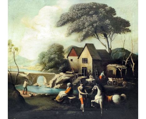 Continental school - Oil painting - Landscape scene with a cottage bedside a river and figures to foreground, including a mas