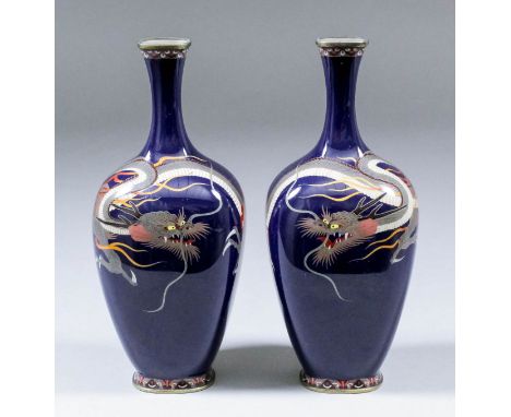 A pair of Japanese cloisonné enamel rectangular baluster-shaped vases, each decorated with a three-clawed dragon, 6.25ins (15