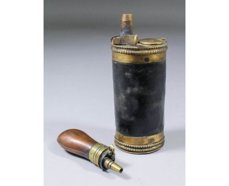 Two 19th Century powder flasks, comprising of one leather covered three way brass flask (5inches) and one small copper primin
