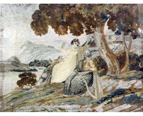 A late Georgian silk and woolwork needlework panel worked in colours with an elderly seated figure with a harp and a young gi