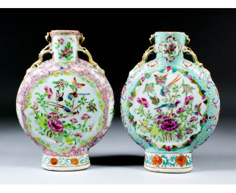 Two 19th Century Chinese "Cantonese" porcelain two-handled vases of pilgrims flask form, enamelled in colours with birds and 