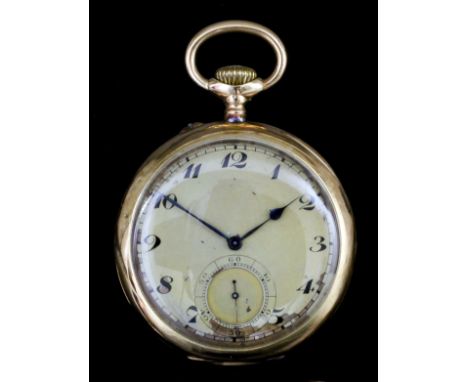 An early 20th Century gentlemen's 14k gold cased open faced keyless lever pocket watch by Felsing Berlin, No. 48407, the whit