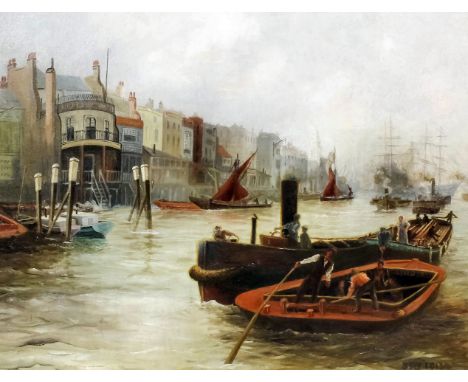 19th Century British school - Oil painting - Upper reaches of the River Thames with a lighter to foreground and barges and ma