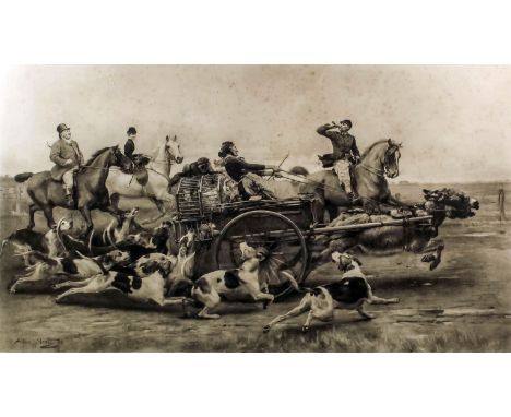 Alfred William Strutt (1856-1924) - Two lithographs - A donkey cart being pursued by fox hounds wishing to catch a fox restin