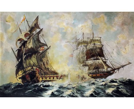 A. Lucas (20th Century) - Oil painting - Naval engagement - Two fully masted war ships at close quarters, board 23ins x 35ins