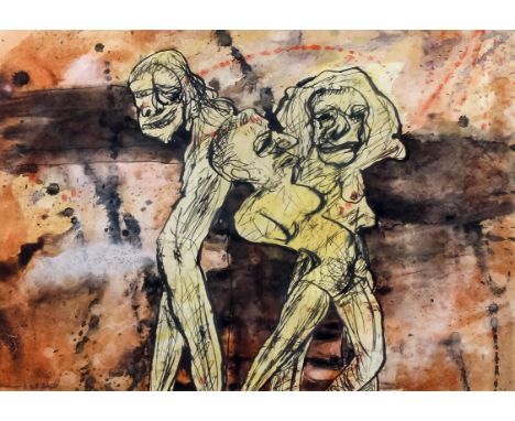 R. Wachash (20th Century school) - Watercolour - "Tortured Figures" - Abstract of three figures, 9.25ins x 13ins, signed in p
