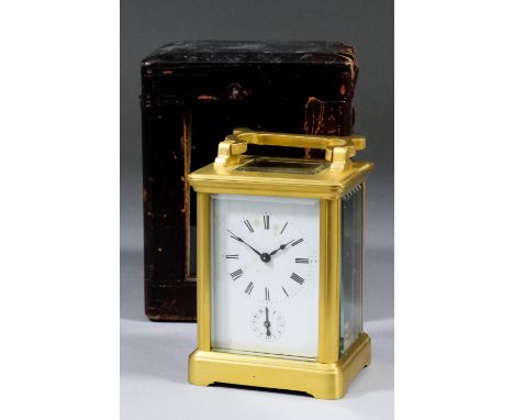 A late 19th Century French miniature carriage timepiece with alarum, the white enamel dial with Roman numerals, to the eight 