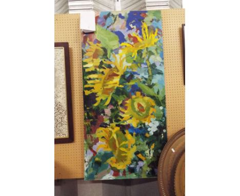 A large 21stC Russian abstract oil on canvas of sunflowers, details verso and unframed, purchased from the Roche Gallery, Rye