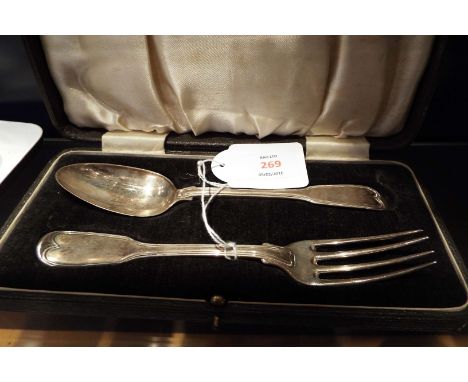 A London silver christening dessert fork and spoon boxed 