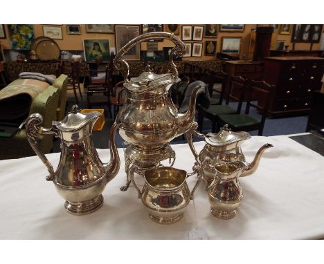 A Holland Alwinckle & Slater silver five piece tea-set comprising of kettle and burner, coffee and tea pots, sugar bowl and c