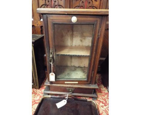 An Edwardian chevron strung and mother of pearl inlaid table top display cabinet with drawer below, raised on bracket feet