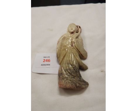 A 19thC Chinese jade figure of a sage in robes with staff and lantern