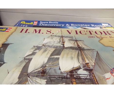 A Revell 1:225 scale of HMS Victory, boxed, together with a Revell 1:144 scale Space Shuttle Discovery and booster rockets, b