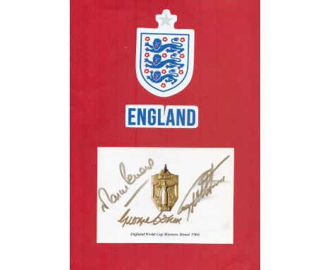 Martin Peters, Geoff Hurst and George Cohen signed 6x4inch World cup winners medal photo. Good condition Est.