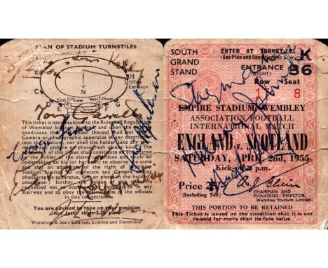 Vintage multi signed ticket stub England v Scotland Empire Stadium Wembley 2nd April 1955 signatures include Stanley Mathews,