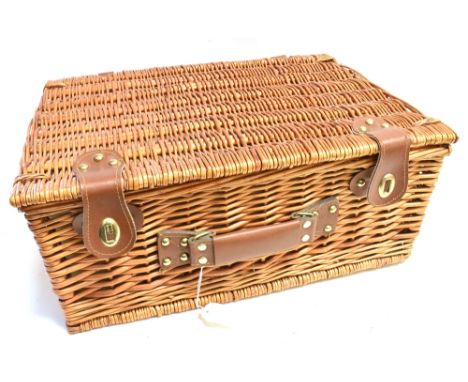 A WICKER PINIC HAMPER With gingham lining, with cutlery and accessories for two, width 48cm, depth 36cm