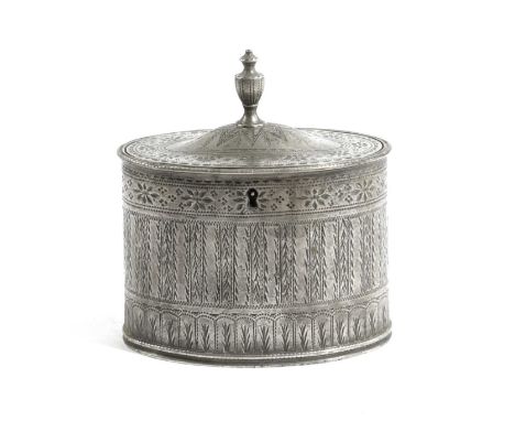 A RARE PEWTER BRIGHT-CUT OVAL TOBACCO CADDY WITH WORKING LOCKLONDON, C.1770hallmarks of Richard Pitt, London, (fl.c.1747-97) 