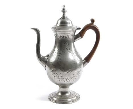 A PEWTER BRIGHT-CUT DECORATED CAST COFFEE POTPROBABLY LONDON, MID-18TH CENTURYno maker's mark but made of cast pewter soldere