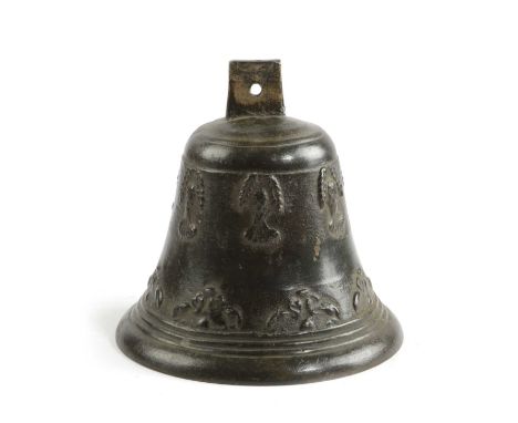 A BRONZE BELLC.1600cast with two bands of foliate decoration, with a clapper14cm high, 14cm diameter (max)ProvenanceThe Howar
