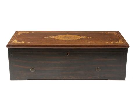 λ A SWISS ROSEWOOD AND MARQUETRY MUSICAL BOXBY NICOLE FRERES, MID-19TH CENTURYone end hinged to reveal 'Repeat/Change', 'Star