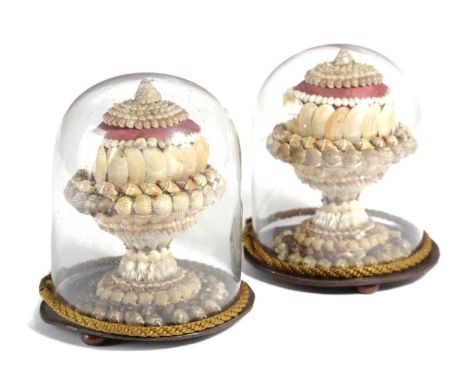 A PAIR OF VICTORIAN SAILOR'S SHELLWORK LOVE TOKEN PIN CUSHIONS MID-19TH CENTURYdecorated with bands of differing shells, each
