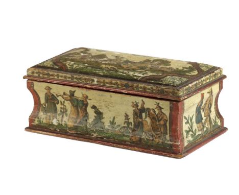 AN ITALIAN LACCA POVERA BOXLATE 18TH / EARLY 19TH CENTURYof sarcophagus form, decorated with a hunting scene and figures at v