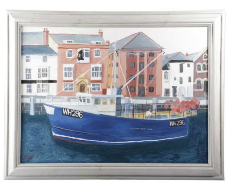 Φ A MODERN PAINTING OF A FISHING BOAT IN A HARBOURBY JOHN WALKER, DATED '2003'oil on artist's board, signed and dated lower r