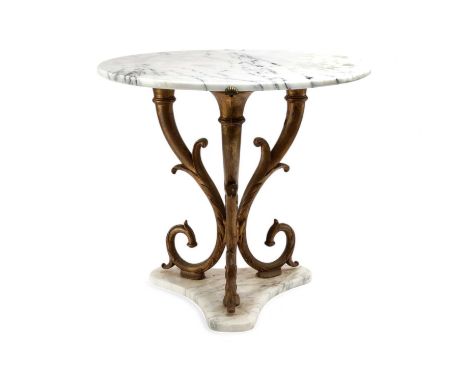 A GILT METAL AND MARBLE OCCASIONAL TABLEIN REGENCY STYLE, LATE 19TH CENTURYthe circular top on foliate trumpet supports62cm d