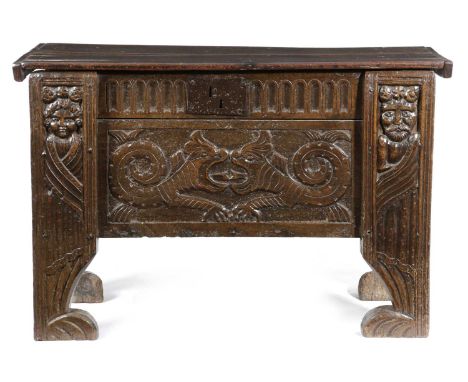 A RARE AND DOCUMENTED WELSH OAK CLAMP FRONT CHESTWELSH BORDERS / BLACK MOUNTAINS, 16TH CENTURYthe boarded top with cleated en