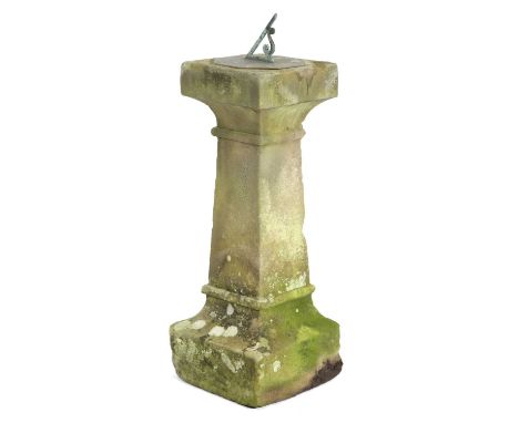 A BRONZE SUNDIAL20TH CENTURYof octagonal form with a pierced gnomon, attached to a stone pedestal of tapering square section8